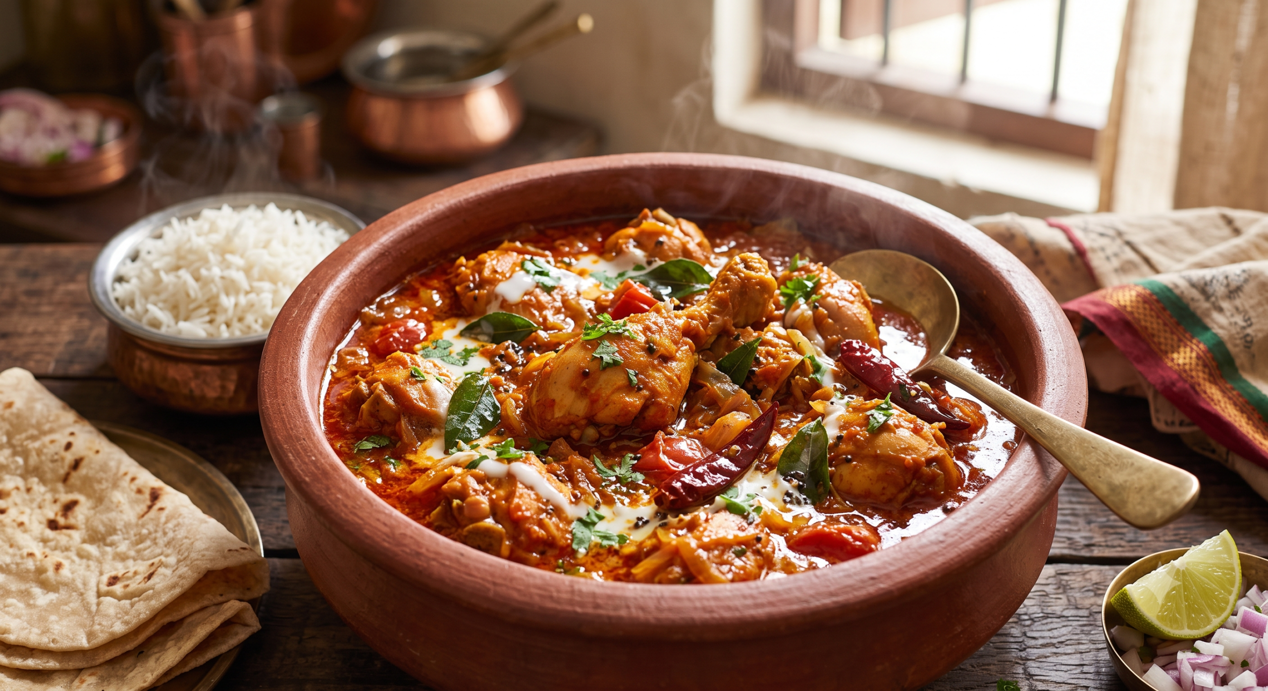 Andhra chicken curry kodi kura in a clay pot with rice and chapati