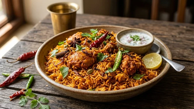 Guntur chicken biryani with raita and lemon