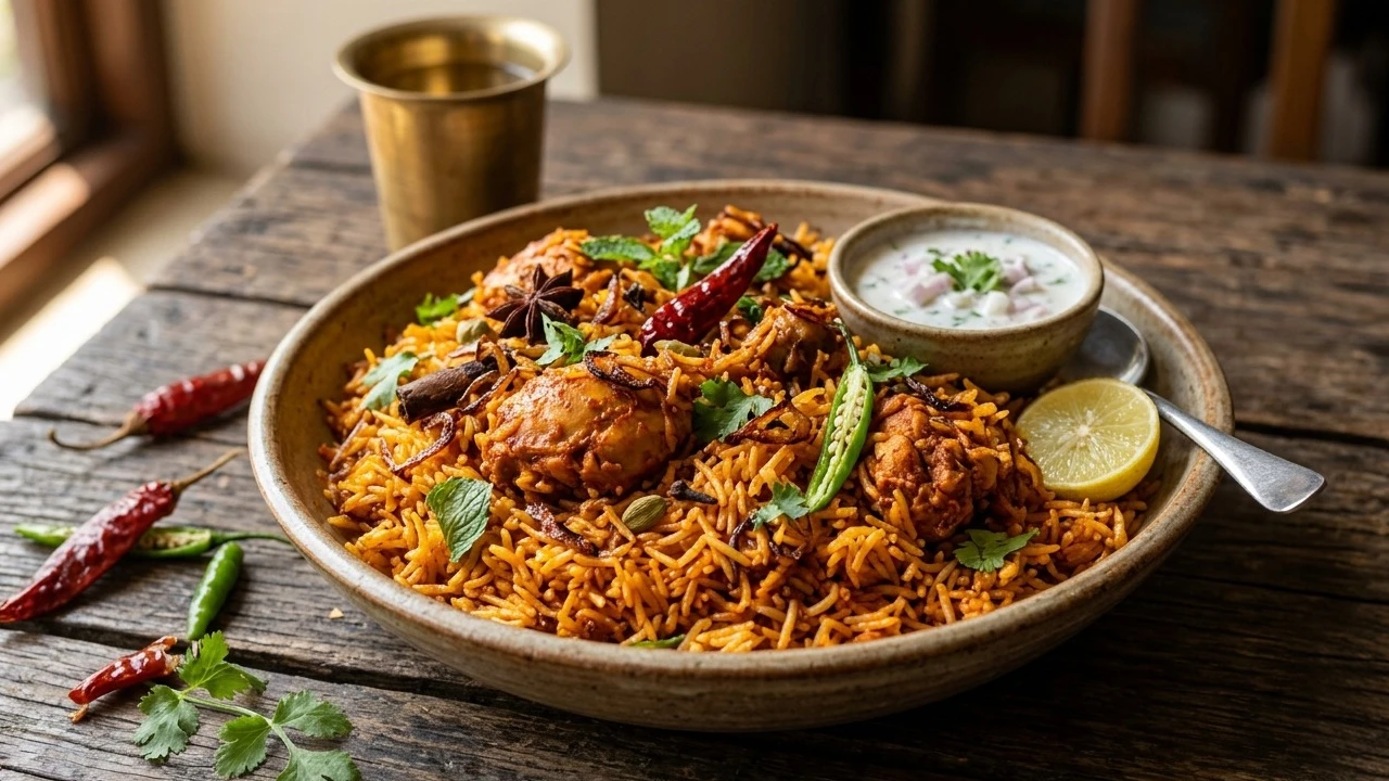 Guntur chicken biryani with raita and lemon