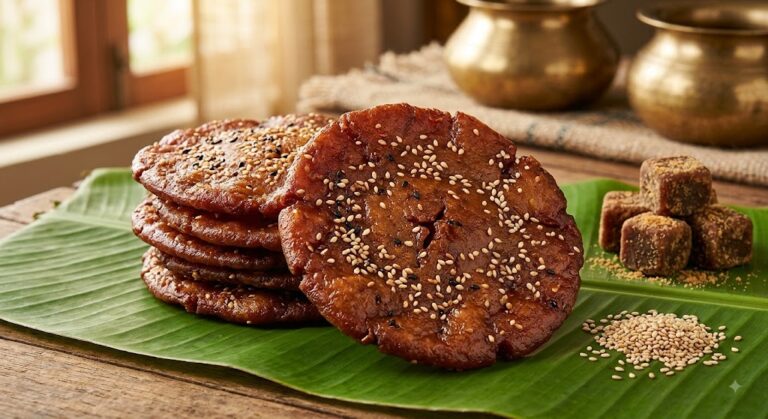 Stack of freshly made ariselu topped with sesame seeds