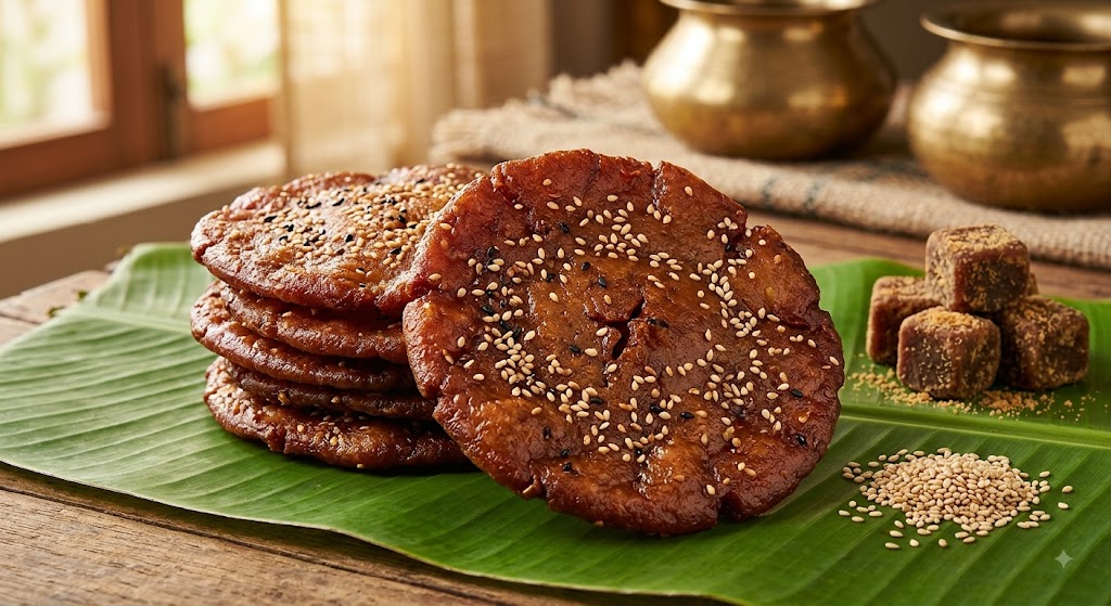 Stack of freshly made ariselu topped with sesame seeds