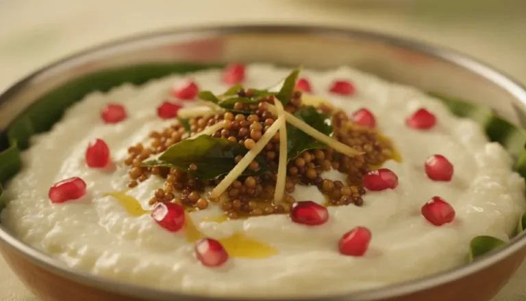 Perugu annam served in a steel bowl with mustard seed tempering and pomegranate seeds on top