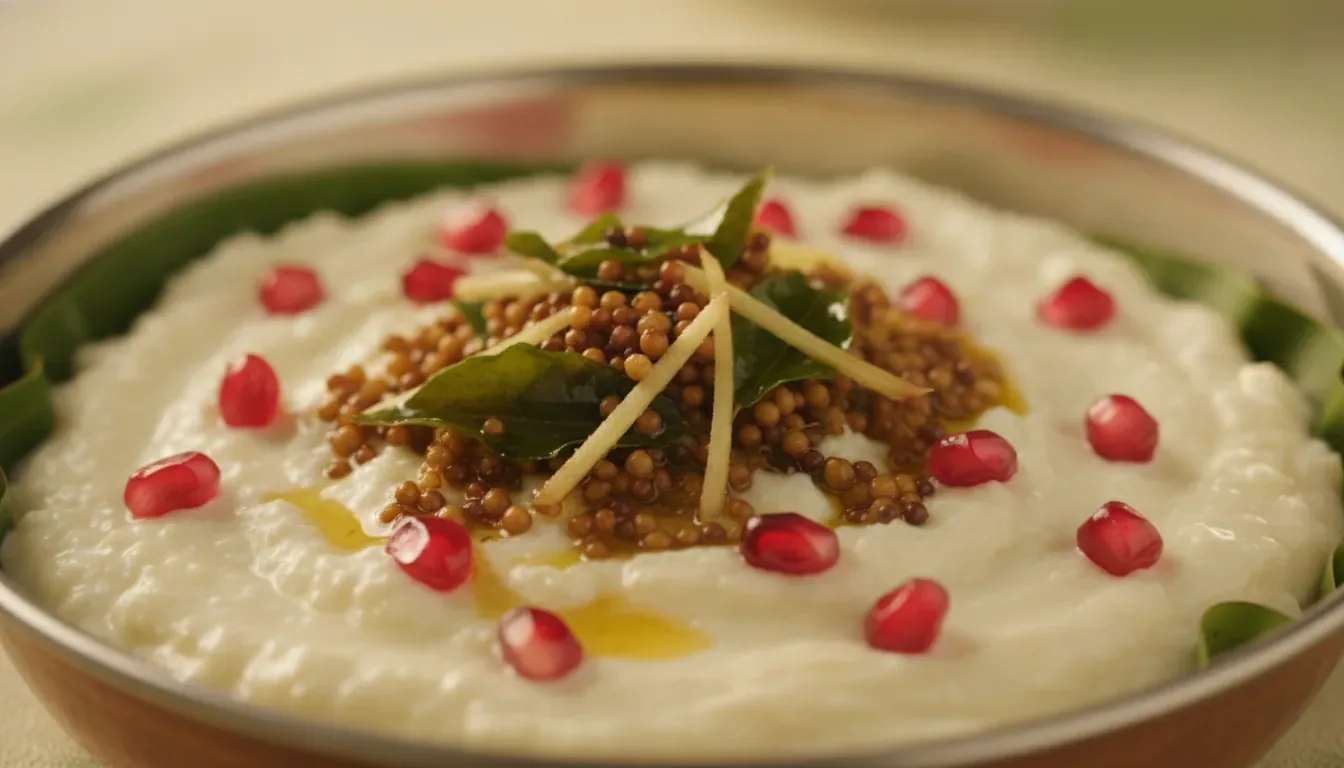 Perugu annam served in a steel bowl with mustard seed tempering and pomegranate seeds on top