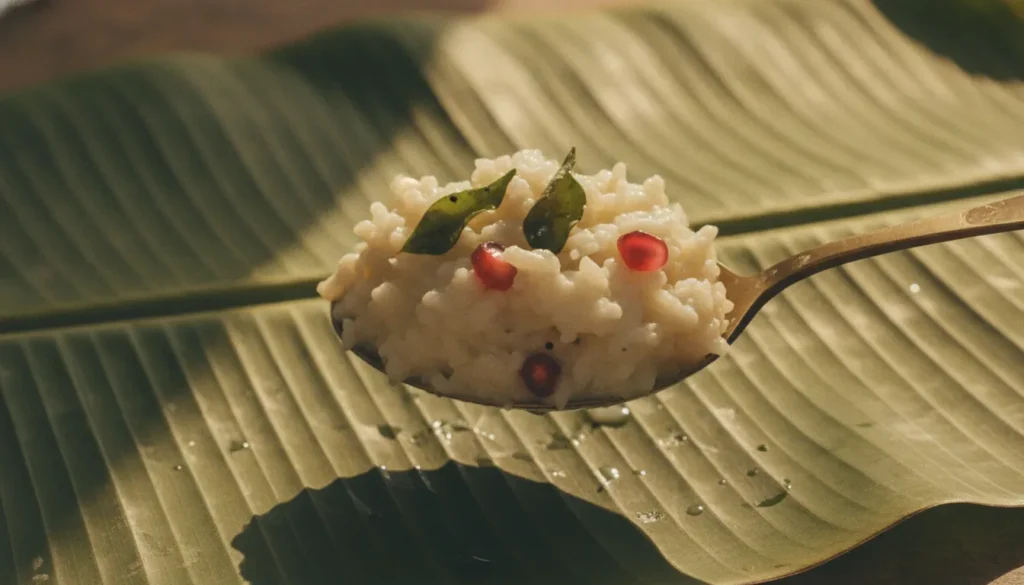 Majjiga charu poured over a small heap of cooled rice on a steel plate