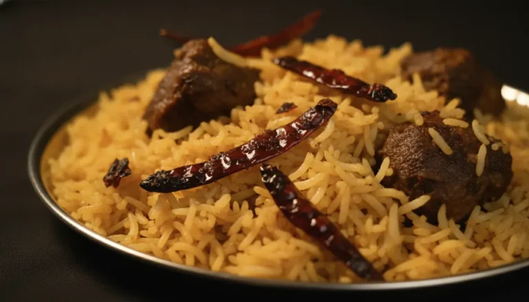 Rayalaseema biryani served dry and dark on a steel plate, the rice loose and oil-slicked