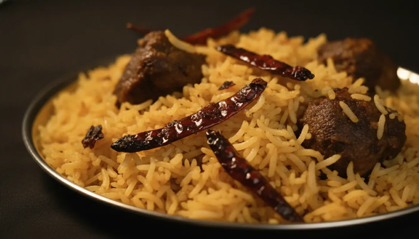 Rayalaseema biryani served dry and dark on a steel plate, the rice loose and oil-slicked