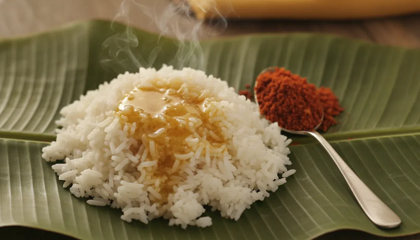 Hot rice mixed by hand with Andhra podi and ghee on a steel plate