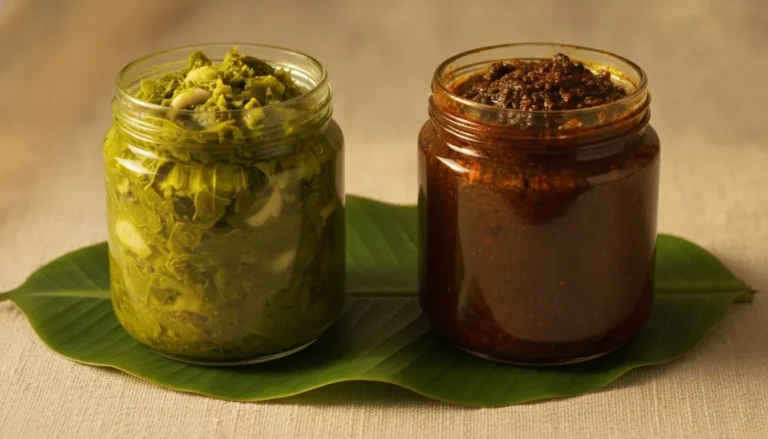 Gongura pickle and fresh gongura pachadi in two jars, side by side