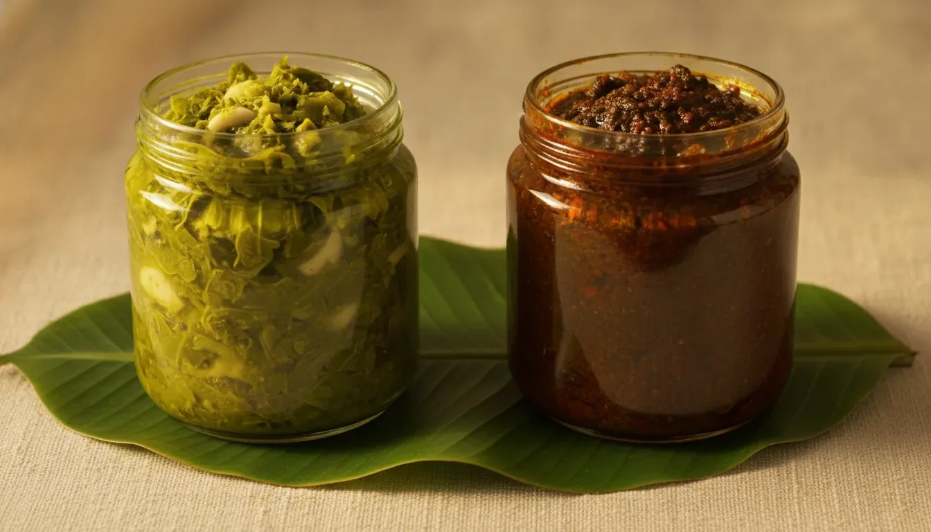 Gongura pickle and fresh gongura pachadi in two jars, side by side