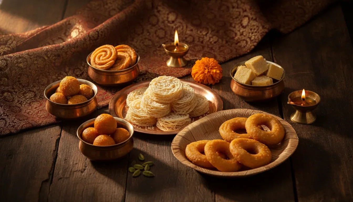 Twelve famous Andhra sweets laid out together on a brass plate
