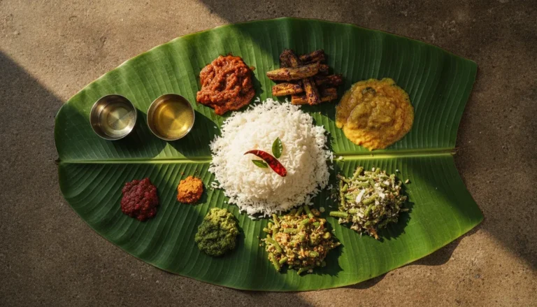 Andhra veg curries ringed around plain rice on a banana leaf