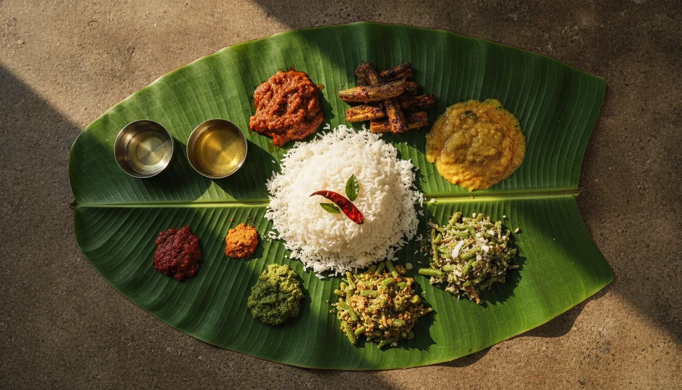 Andhra veg curries ringed around plain rice on a banana leaf