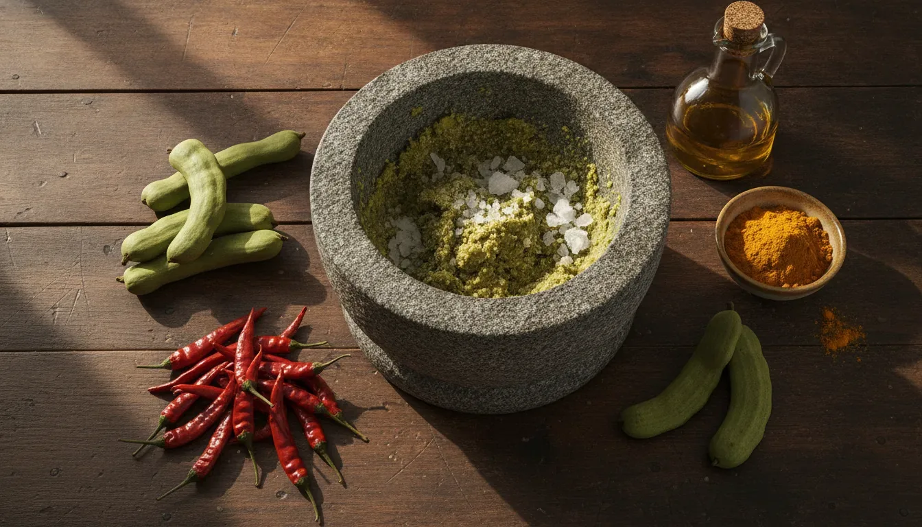 Chintakaya pachadi in a ceramic jar sealed under sesame oil